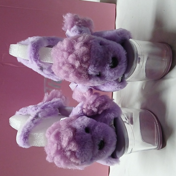 Dolls Kill Sugar Thrillz Purple Fur Plush Poodle Clear Acrylic Platform Heels 8 - Picture 2 of 16